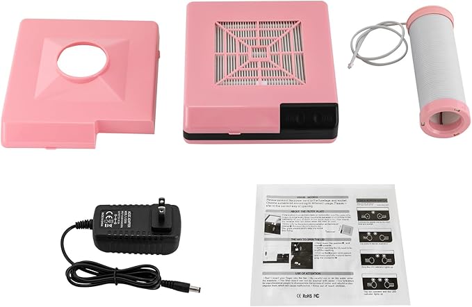 Nail Dust Collector, 2 in 1 Powerful Mini Desktop Vacuum Cleaner with Fan & LED Light, 60W Manicure Dentist Polishing Dust Suction Machine with Large Caliber Hose for Dental Lab Nail Salon (Pink)