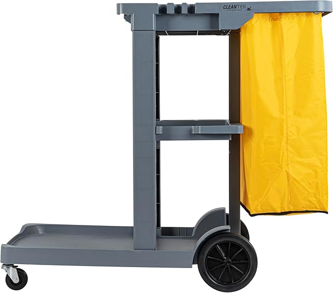 Restaurantware-Clean Tek Professional Janitor Cart with Wheels, 1 Cleaning Trolley with 18 Gallon Bag - 3 Shelves, Heavy-Duty, Gray Plastic Commercial Janitorial Cart, for Restaurants