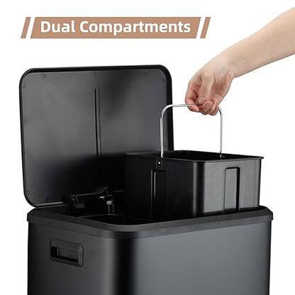 GAOMON Dual Bin Rectangular Trash Can, Stainless Steel Waste Bin with Lid, 30 Liters (2 X 15 L), Trash Can with Recycling Bin Combination, Soft Close and Airtight Lid - Black