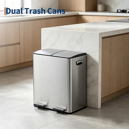 Dual Compartment Trash Can, 2 x 5.3 gal, 20L x 2 Stainless Steel Recycling Bin, Modern Kitchen Trash Bin with Foldable Anti-Slip Foot Pedal, Soft-Close Lid, Removable Inner Buckets, Kitchen Garbage