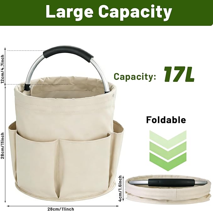 17L Foldable Cleaning Caddy with Handle - Portable Oxford Fabric Storage Bucket, Organiser for Cleaning Supplies, Toiletries, Home, Garden, Picnic & Beach (Beige)