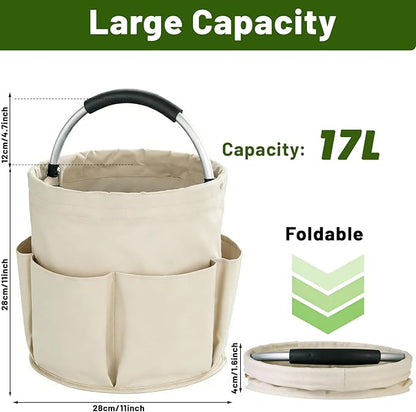 17L Foldable Cleaning Caddy with Handle - Portable Oxford Fabric Storage Bucket, Organiser for Cleaning Supplies, Toiletries, Home, Garden, Picnic & Beach (Beige)