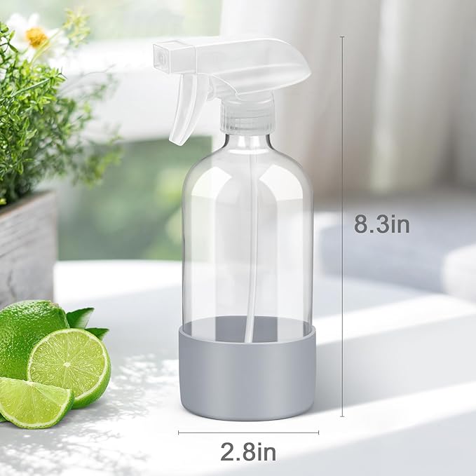 Rionisor Glass Spray Bottles with Silicone Sleeve Protection, Empty 16 oz Refillable Containers, Reusable Spray Bottles with Adjustable Nozzle for Hair, Cleaning Solutions, Essential Oils 1 Pack Grey