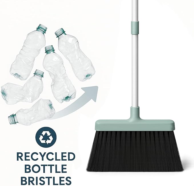 Broom and Dustpan Set, Green 52-Inch Adjustable Handle Upright Broom with Self-Cleaning Comb Teeth, Pet-Hair Friendly Sweeping for Indoor Hard Floors