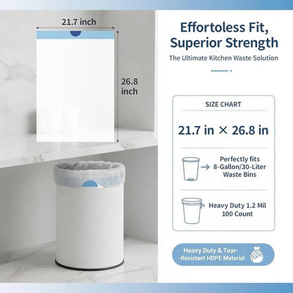 8 Gallon Trash Bags Drawstring 1.2 Mil - 100 Count White Medium Garbage Bags Unscented, 30 Liter Thick Plastic Trash Can Liners for Home Kitchen Bathroom