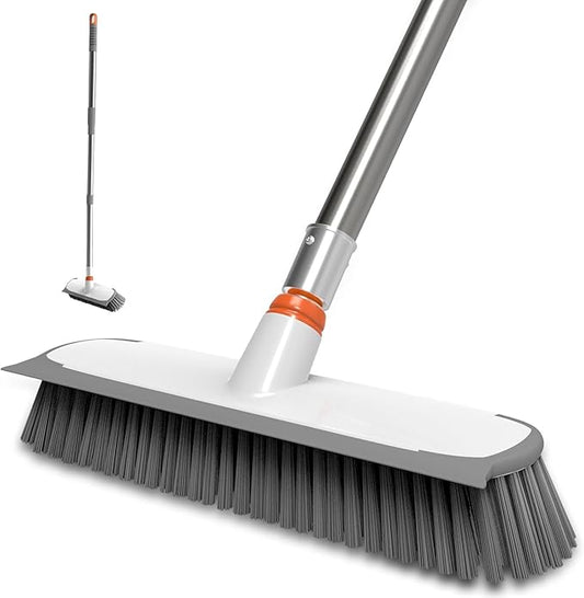 ITTAR Floor Scrub Brush with Long Handle, 12" Wide 2-in-1 Deck Brush and Squeegee with 55" Stainless Steel Pole, Heavy-Duty Stiff Bristles for Shower, Tile, Garage, Patio & Kitchen-Orange