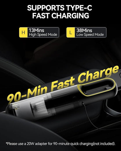 Handheld Car Vacuum Cleaner Cordless with 23000pa High Power Suction, 1.5H Type-C Fast Charge & 2 Suction Modes, Portable Mini Hand Vac Rechargeable with Multi-Nozzles for Car Home Office (Black)