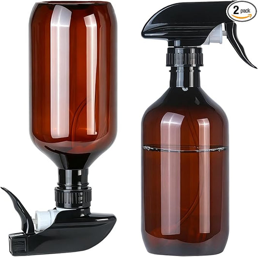 2 Pack 360° Spray Bottles, 16 oz Plastic Small Containers with Adjustable Spray Nozzles, Spray Bottles for Hair, Cleaning Solutions, BBQ and Plants Amber