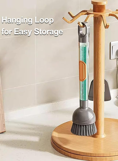 Soap Dispensing Dish Brush Storage Set with 360° Rotating Head, Kitchen Brush with 2 PCS Different Brush Heads & 3 PCS Sponges, Dish Brush Set with Handle for Dishes, Sink, Pans, Pots.