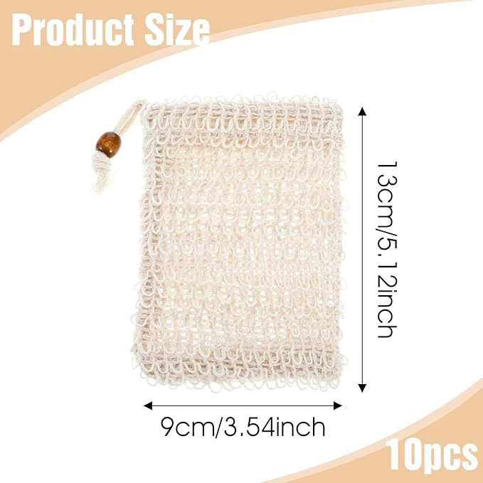 cobee 10 Pack Soap Bag, Natural Sisal Soap Saver Bag, Mesh Exfoliating Soap Bag Pouch, Foaming and Drying Soap Holder for Shower(Natural Sisal)