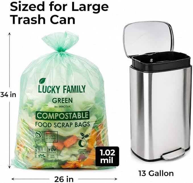 Compostable Trash Bags for Kitchen Compost Bins - 13 Gallon Drawstring Compost Bags, Green Compostable Bags Heavy Duty 1.02 Mil, 49.2 L Tall Kitchen Food Scrap Bags, BPI ASTM D6400, PFAS-Free