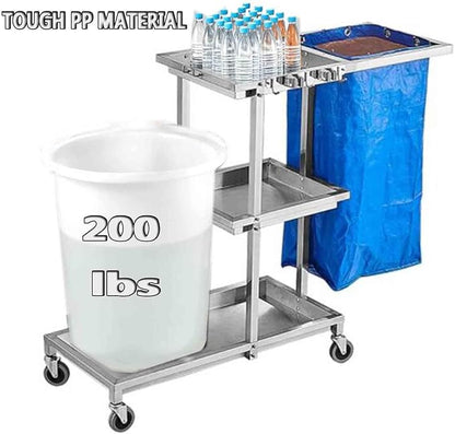 Stainless Steel Commercial Janitorial Cart,360°with Wheels Rolling Janitorial Cart Stainless Steel,3-Shelf Shelves and Vinyl Bag Housekeeping Cleaning Cart (200 Lbs)