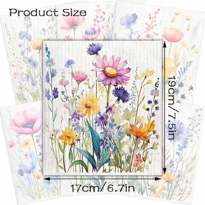Swedish Dishcloths for Kitchen – 6 Pack Cellulose Reusable Cleaning Paper Towels – Soft, Quick-Drying, Washable Dish Rags for Kitchen, Counters & More (Flower)