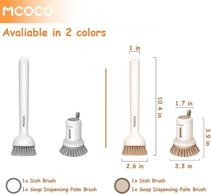 Dish Brush Set with Soap Dispensing Palm Brush Dish Scrub Brush with Soap Dispenser Palm Dish Brush Kitchen Cleaning Brush with Ergonomic Long Handle for Cleaning Sink, Pot, Pan, Stove, White