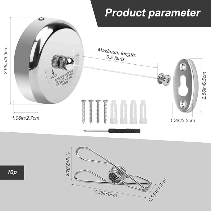 Catcan Retractable Clothesline, Stainless Steel Round Clothes Line Retracting Indoor for Hotel, Bathroom, Laundry with 10 PCS Metal Clothespins Adjustable Rope Shower Clothing Line(9.2FT Nylon String)