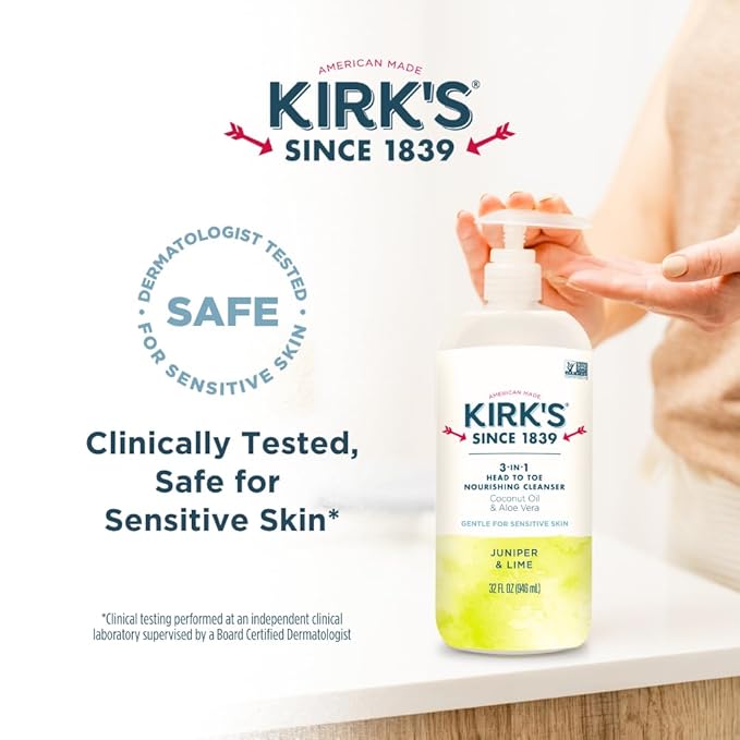 Kirk's Juniper & Lime 3-in-1 Nourishing Cleanser, Shampoo Body Wash Bubble Bath, Coconut Oil and Aloe Vera, Vegan Non-GMO, 32 Fl Oz