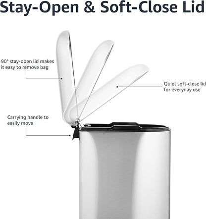 Amazon Basics D-Shaped Small Trash Can with Soft-Close Step Pedal, Removable Inner Bucket, Carrying Handle, Smudge Resistant, 10 l / 2.6 gallon, Silver