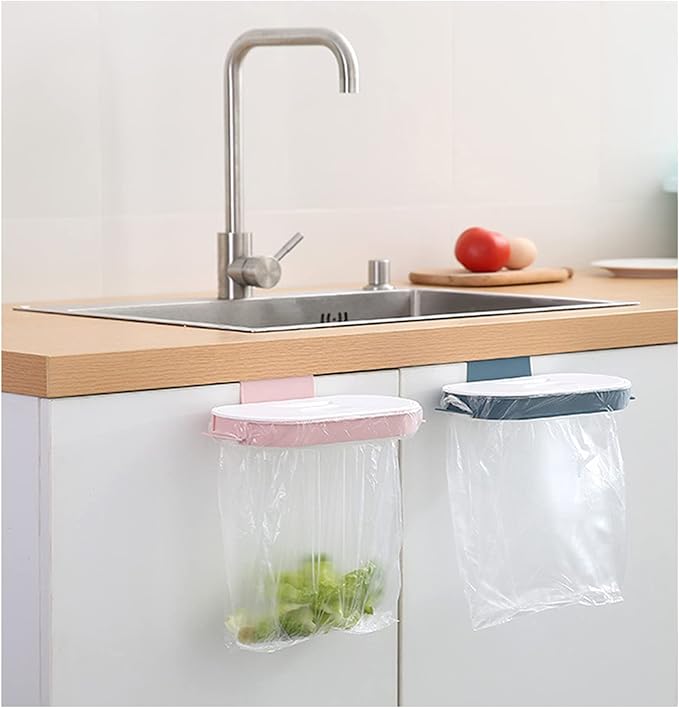 Set of 2 Trash Bag Holder Rack, Hanging Organizer Garbage Bag Holder, & Removable Lid - Multi for Kitchen Cabinet Door Storage Cupboard, Under Sink, Kitchen Towel Rails Rack, Blue & Pink