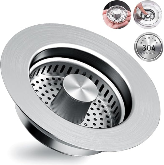 3 in 1 Kitchen Sink Drain Strainer [304 Stainless Steel Pop Up] Anti-Clogging Kitchen Sink Drain Stopper Stainless Steel Efficiently Drainage Odor Filter Sink Plug for Us Standard 3-1/2 Inch