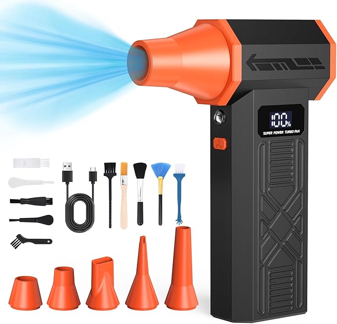 Electric Compressed Air Duster, 280000RPM Brushless Motor Cordless Rechargeable Air Blower, 4-Gear Adjustable Dust Remover with LED Display & Light for Keyboard Computer Car Home Outdoor
