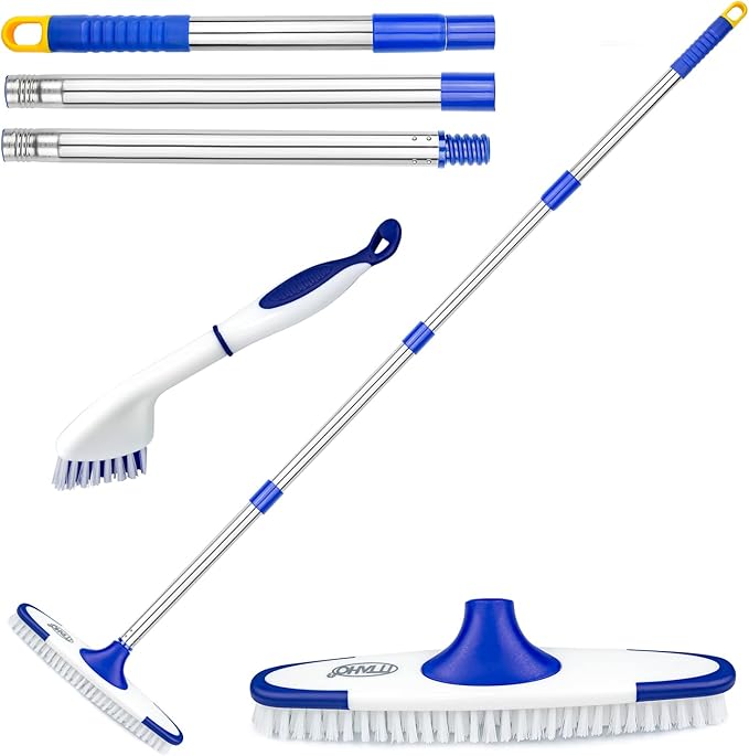 Floor Scrub Brush with Long Handle - 53" Deck & Grout Cleaner Brush Set for Tile, Marble, Stone, Bathroom, Patio, Garage, Deck & Floor Cleaning