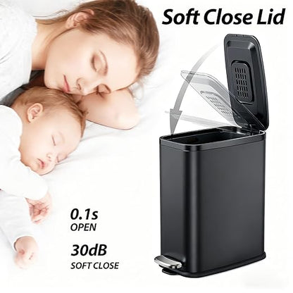 Small Bathroom Trash Can with Lid Soft Close, Step Pedal, 1.6 Gallon Black Stainless Steel Garbage Can with Removable Inner Bucket, Includes 60 Trash Bags for Home Bedroom