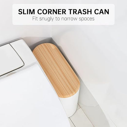 Small Bathroom Trash Can with Lid, 10L/2.6 Gal Slim Wastebasket - Odor & Pet Proof, Inner Bucket & Wood Grain Top, Plastic White Garbage Can for Kitchen, Bedroom, Living Room, Office, RV