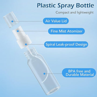 Zoizocp Spray Bottles, 2oz/50ml, 3.4oz/100ml Clear Empty Fine Mist Plastic Mini Travel Bottle Set, Small Refillable Liquid Containers with 2pcs Funnels and 24pcs Labels (4 Pack)