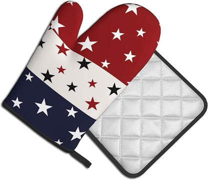 Red White and Blue Oven Mitts and Pot Holders Sets Patriotic American Flag StripedKitchen Mitts 4th of July Hot Pads for Cooking BBQ Baking Grilling