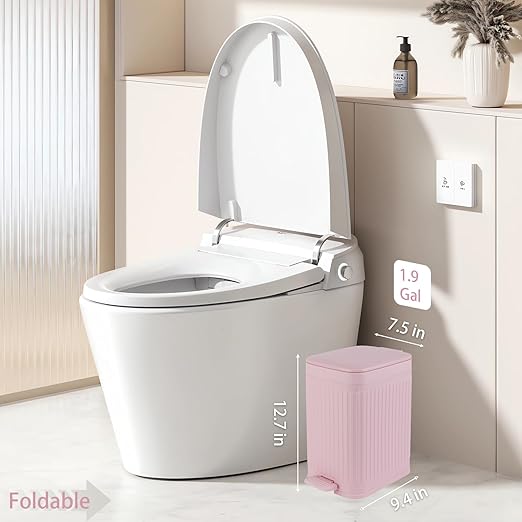 rejomiik Small Bathroom Trash Can with Lid 1.9 Gallon Step Trash Can Slim Garbage Can with Soft-Close Waste Bin for Bathroom, Bedroom, Office, Dorm, RV, Pink