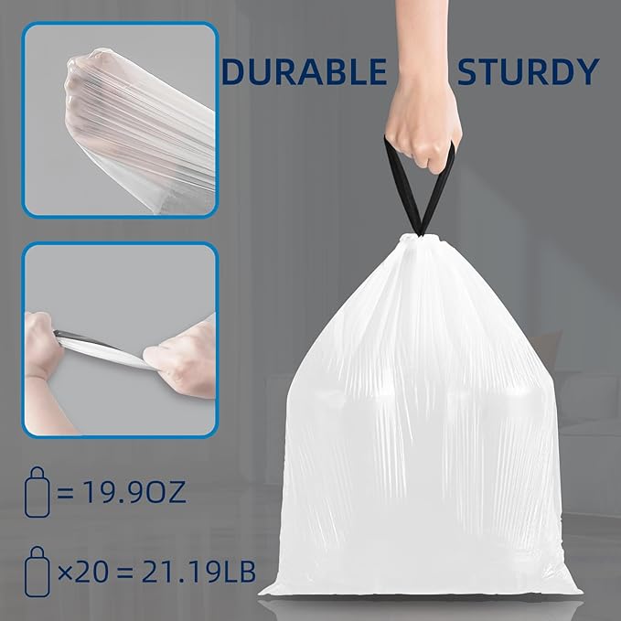KSSKSS 2.6 Gallon Mini Drawstring Trash Bags, Small Garbage Bags by KSSKSS, Code a fit 10-15 Liter, 2.6-4 Gal, White Trash Bin Liners for Home Office Kitchen Bathroom Bedroom, 120 Counts