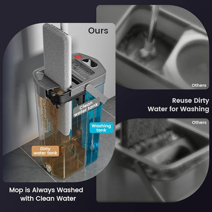 Mop and Bucket Set with Dirty Water Separation, Flat Mop System Auto-Separates Clean & Used Water, 50" Adjustable Handle, 4 Reusable Microfiber Pads for Home Floor Cleaning