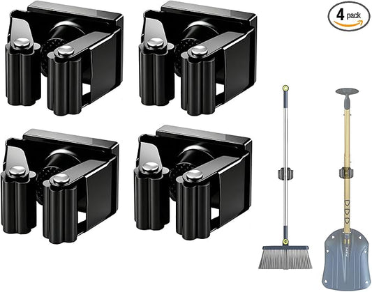 Magnetic Broom Mop Holder Wall Mount - 4 Pack Heavy Duty No Drill Hooks for Garage Kitchen Bathroom RV, Waterproof Tool Organizer, 9 lbs Capacity, Fits 0.6-1.5 inch Handles