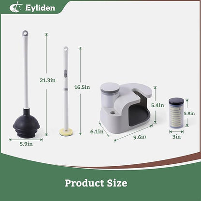 Eyliden Toilet Brush and Plunger Combo Set | 2-in-1 Disposable Toilet Bowl Wand Kit with 10 Refill Heads, Toilet Plunger, Compact Storage Holder | Bathroom Cleaning System for Home, White