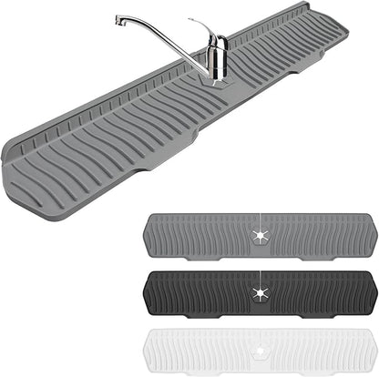 Sink Drain Mat Behind Faucet,Faucet Guard Draining Mat, 90° Foldable Tap Draining Mat for Kitchen Sink with 2 Water Ports, Faucet Drain Mats for Kitchen, Bathroom, etc (Gray, 29.5"*6.1")