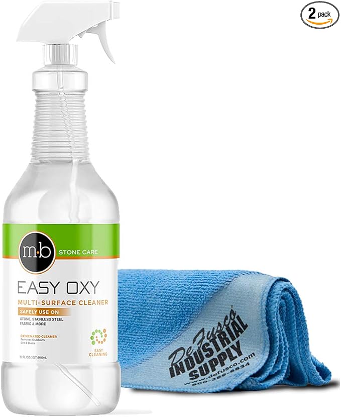 Easy Oxy Marble & Granite Cleaner - Multi-Purpose Cleaner For Natural Stone - 32 oz - Premium Microfiber Cloth- Bundle - 2 Items