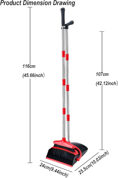 Broom and Dustpan Set, Stand Upright Windproof Dustpan, Long Handle Broom and Dustpan with Teeth for Home Kitchen Room Office Lobby Floor Cleaning (Black+Red)