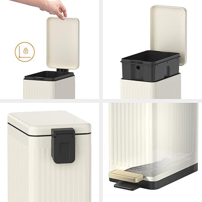 Mbillion Bathroom Trash Can with Lid-Stainless Steel Step Slim Garbage Can-Metal Wastebasket-10L/2.6 Gallon Rectangle Pedal Trash Bin for Narrow Office, Kitchen, Bedroom, Toilet-Soft Close, White