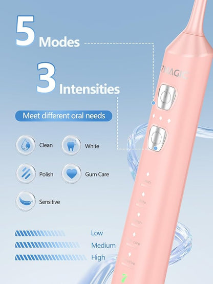 7MAGIC Sonic Electric Toothbrush for Adults and Kids - Up to 180 Days Runtime, 42000 VPM Powered Toothbrush, 5 Modes & 3 Intensities for Sensitive Teeth & Braces, Includes 8 Brush Heads, Pink