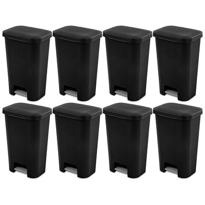 Sterilite 11.9 Gallon Rectangular Step On Kitchen Plastic Indoor Wastebasket with Wide Opening Lid and Comfort Handle for Home, Black (8 Pack)