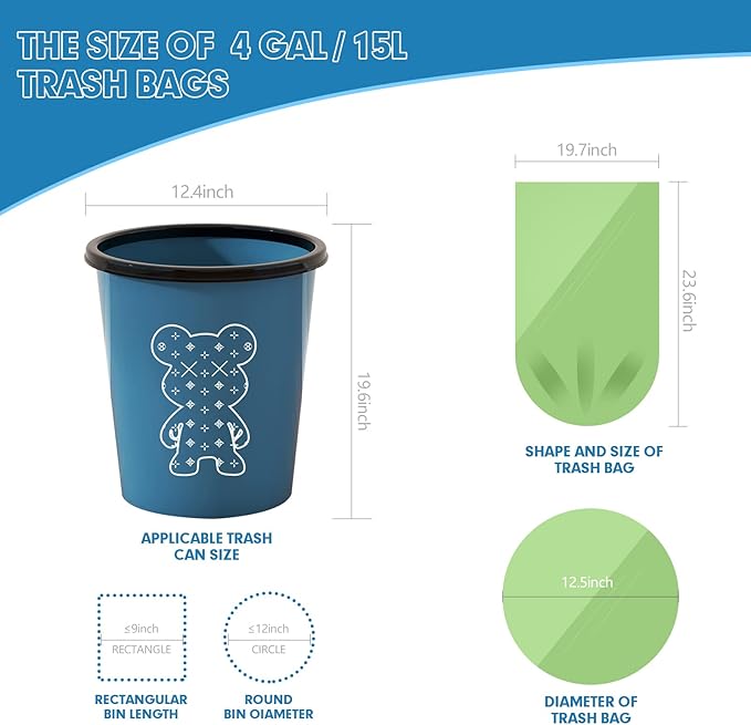 110 Counts Aklyaiap Small Trash Bags Biodegradable, Extra Thick & Strong 4 Gallon Trash Bag Green, Unscented Small Garbage Bags, Easy Tearing Waste Basket Liners for Kitchen, Bathroom, Bedroom, Office