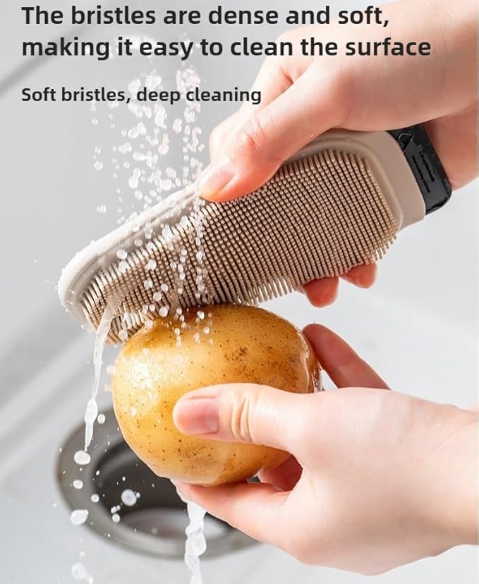 3-in-1 Silicone Dish Sponge-Food-Grade BPA-Free Cleaning Brush with Dual-Sided Comb&Scraper,Hanging Hole for Easy Storage,Fast-Dry Reusable Kitchen Gadget for Dishes/Fruits/Vegetables (Red+Grey)