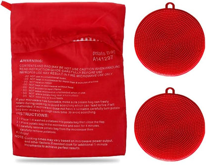 Premium Microwave Potato Bag Kit, with 2PCS Silicone Vegetable Scrubber Brush, Reusable Baked Potato Pouch and Multipurpose Silicone Dish Sponge - Perfect Dishes in Just 4 Min (Red)