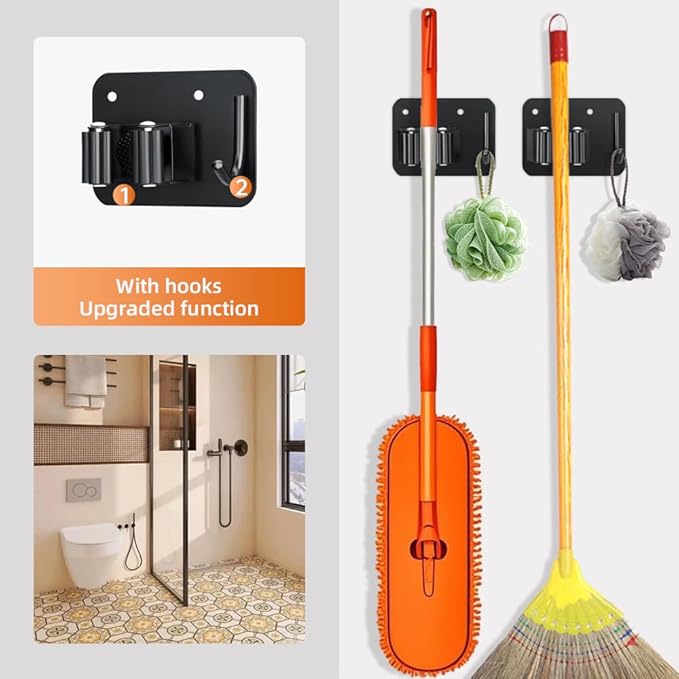 4-Pack Single Mop Holder with A Sturdy Hook. Non-Slip Broom Dustpan Rack, Wall Mount Stainless Steel Storage Hanger with Screws for Garage Bathroom Garden Kitchen, Matte Black.