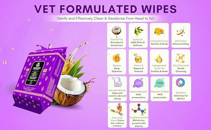Premium Pet Grooming Glove Wipes for Dogs & Cats, 3X Thick No-Rinse Bathing Gloves, Hypoallergenic Deodorizing Paw & Body Cleaner, Natural Extracts to Hydrate & Nourish, 20 Count, Coconut Scent