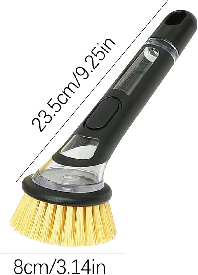 Soap Dispensing Dish Brush with Long Handle, Kitchen Scrub Brush for Pots, Pans, Sink and Dishes, Round, 9.25in, Plastic and Nylon Bristles (Yellow)