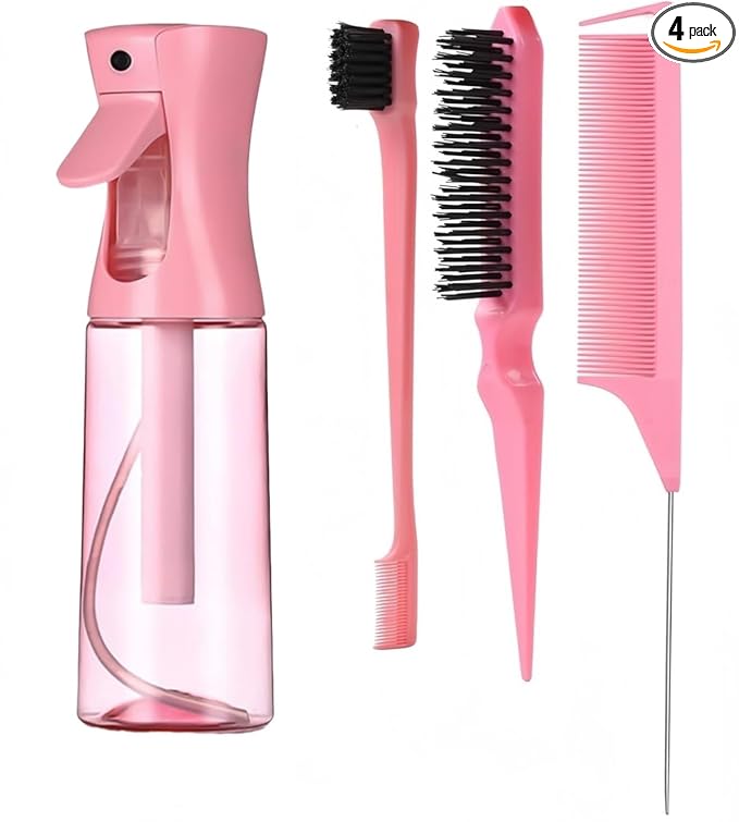 Hair Brush Set with Continuous Spray Bottle，Slick Back Hair Brush Back Brushing, Combing, Slicking Hair (PINK)
