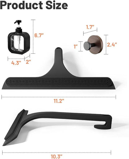 2-in-1 Silicone Shower Squeegee with Hook,Dual-Sided Design with Scraper & Scrub Surface,Streak-Free Bathroom Squeegee for Glass Doors,Mirrors,Windows,Car Windshields (Black Squeegee+Hook+Dispenser)