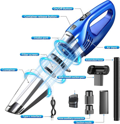 Car Vacuum Portable Cordless – 12000PA Strong Suction, Lightweight & Rechargeable – Includes Multi-Nozzle Attachments for Car, Home, Office, and Pet Hair – Compact & Powerful Azure Vacuum