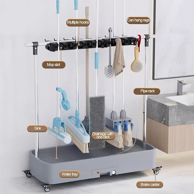 Commercial Mop Rack, Broom Holder Organizer, Cleaning Caddy On Wheels, Floor-Mounted Mop Bucket, Freestanding Broom Closet Cabinet (White-92x40x96cm(16slots)